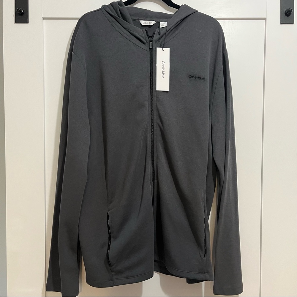 Calvin Klein Gray Pinstripe Mens XXL Zip Up Long Sleeve Hooded Track Jacket